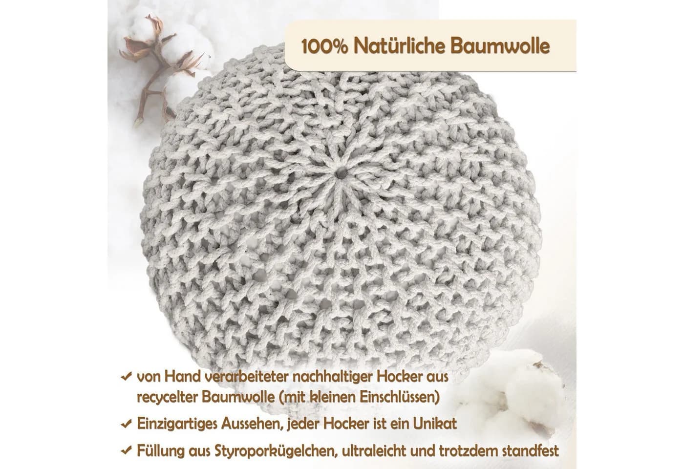 Amagohome Sitzhocker Strickhocker Pouf Weiß Grobstrick-Optik