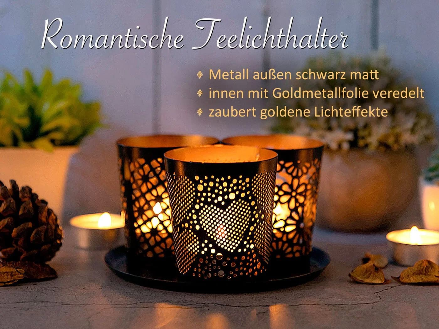 Amagohome Teelichthalter Kerzenständer Metall Schwarz Gold