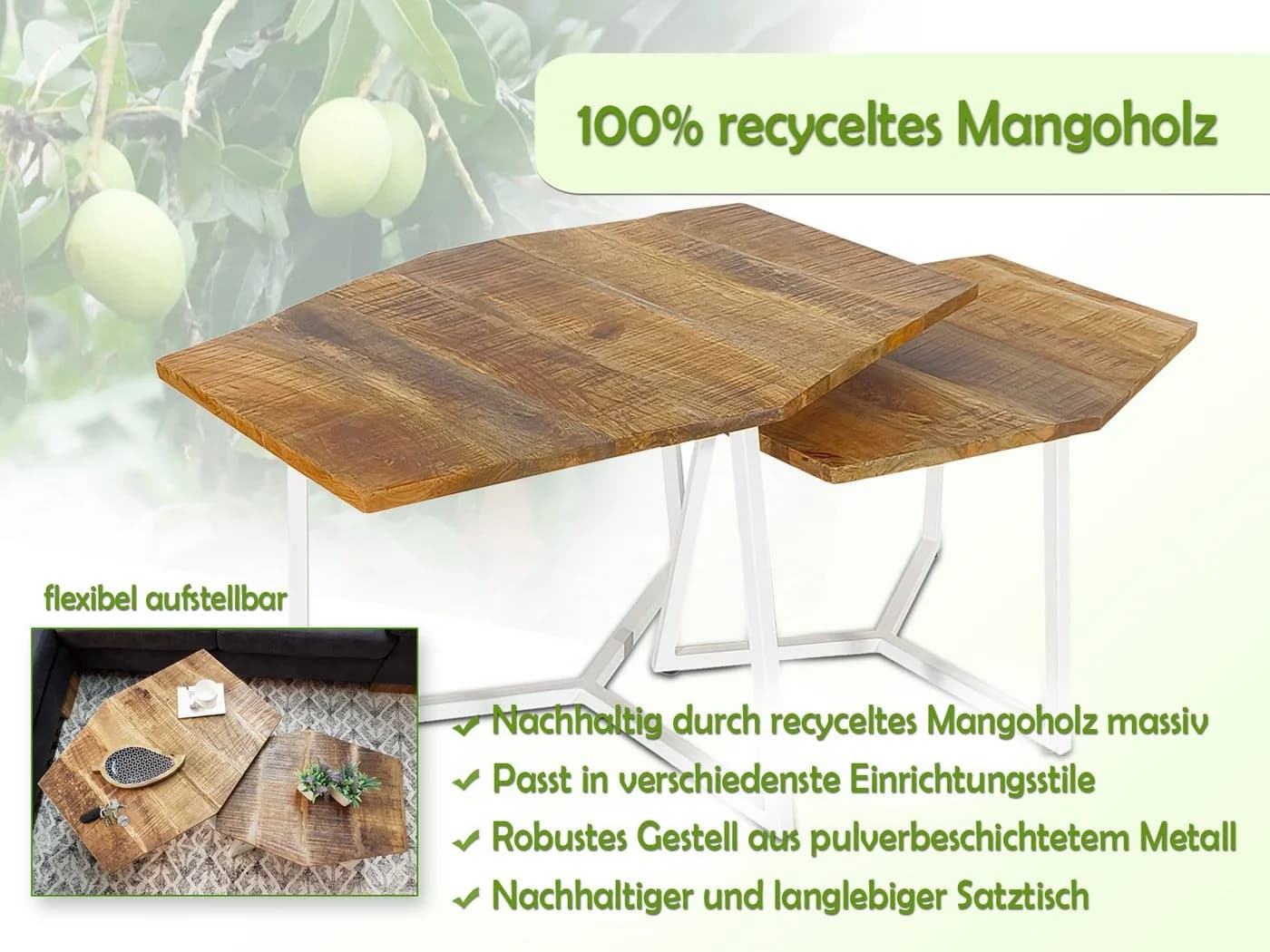 Amagohome Couchtisch 2er Set Mangoholz Massivholz Industrie Style