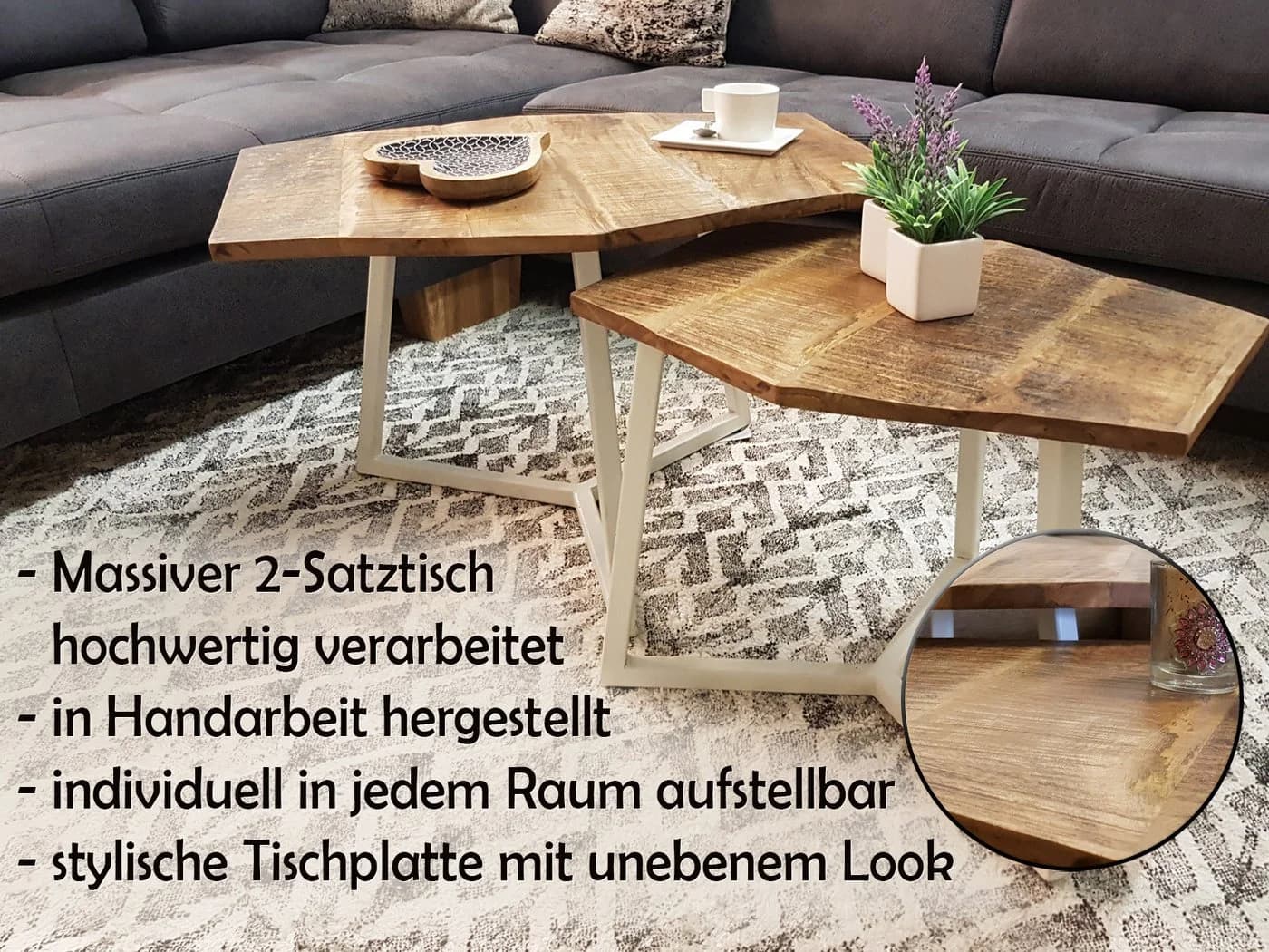 Amagohome Couchtisch 2er Set Mangoholz Massivholz Industrie Style - Bild 4