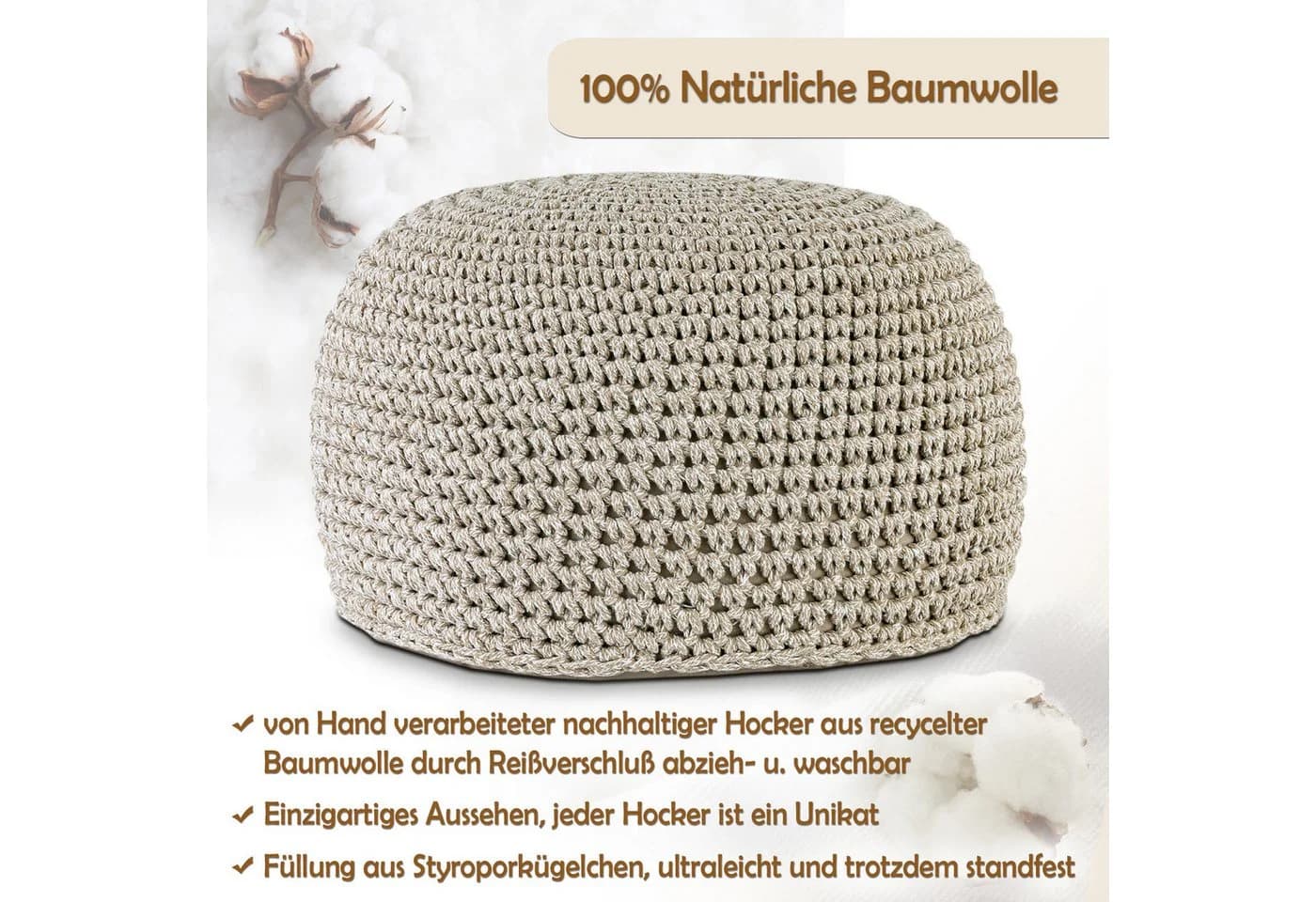 Amagohome Sitzhocker Bodenkissen Pouf Ø55 H37 Mohar Sitzpouf waschbar - Bild 3