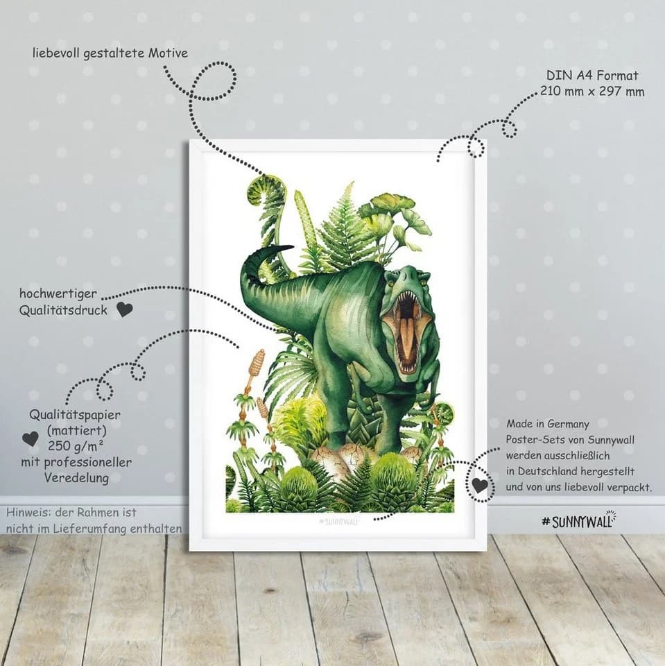 Sunnywall Poster 4er Set Dinosaurier A4 Bunt Grün - Bild 3
