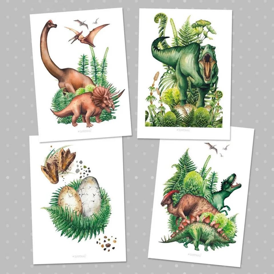 Sunnywall Poster 4er Set Dinosaurier A4 Bunt Grün - Bild 4
