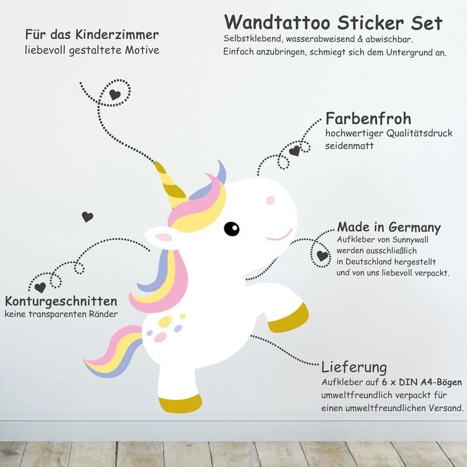 Sunnywall Wandtattoo Cute Unicorn Einhorn 6 St