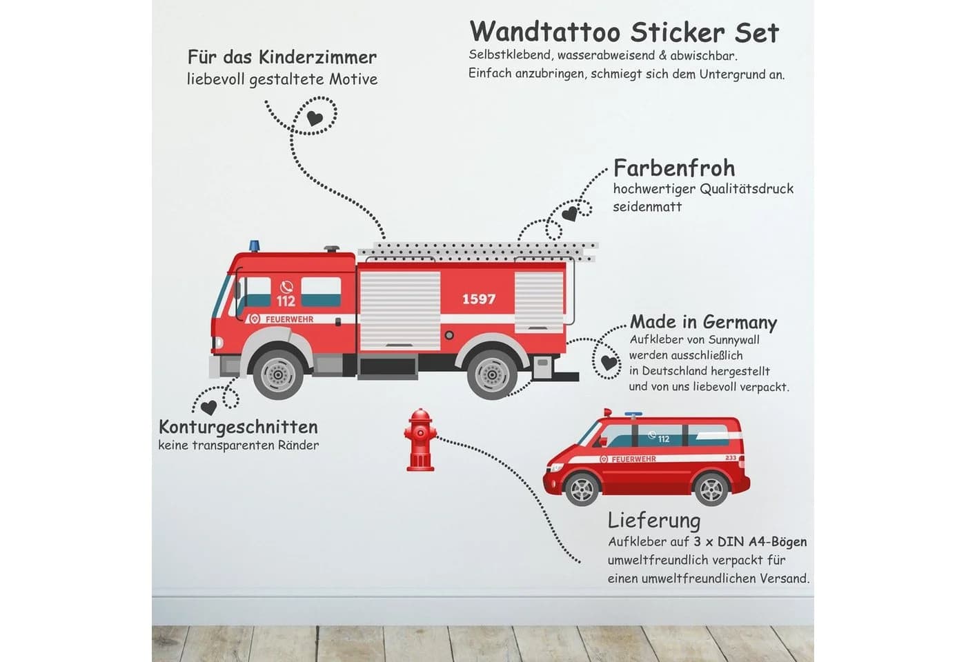 Sunnywall Wandtattoo Feuerwehr Wandsticker A4 (3 St) Bunt Rot