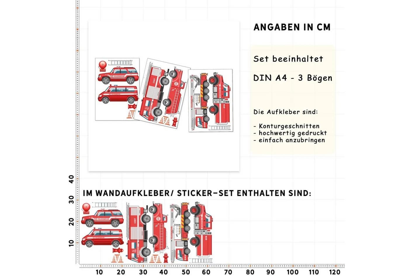 Sunnywall Wandtattoo Feuerwehr Wandsticker A4 (3 St) Bunt Rot - Bild 4