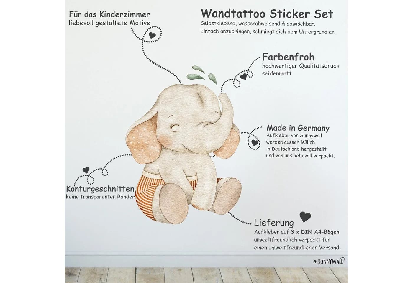 Sunnywall Wandtattoo Ballon Baby Elefant Bunt Selbstklebend