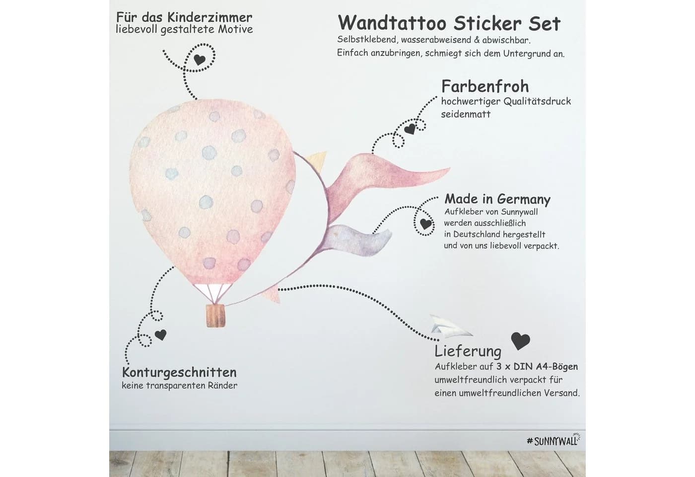 Sunnywall Wandtattoo Heißluftballon Wandsticker (3 St) Bunt