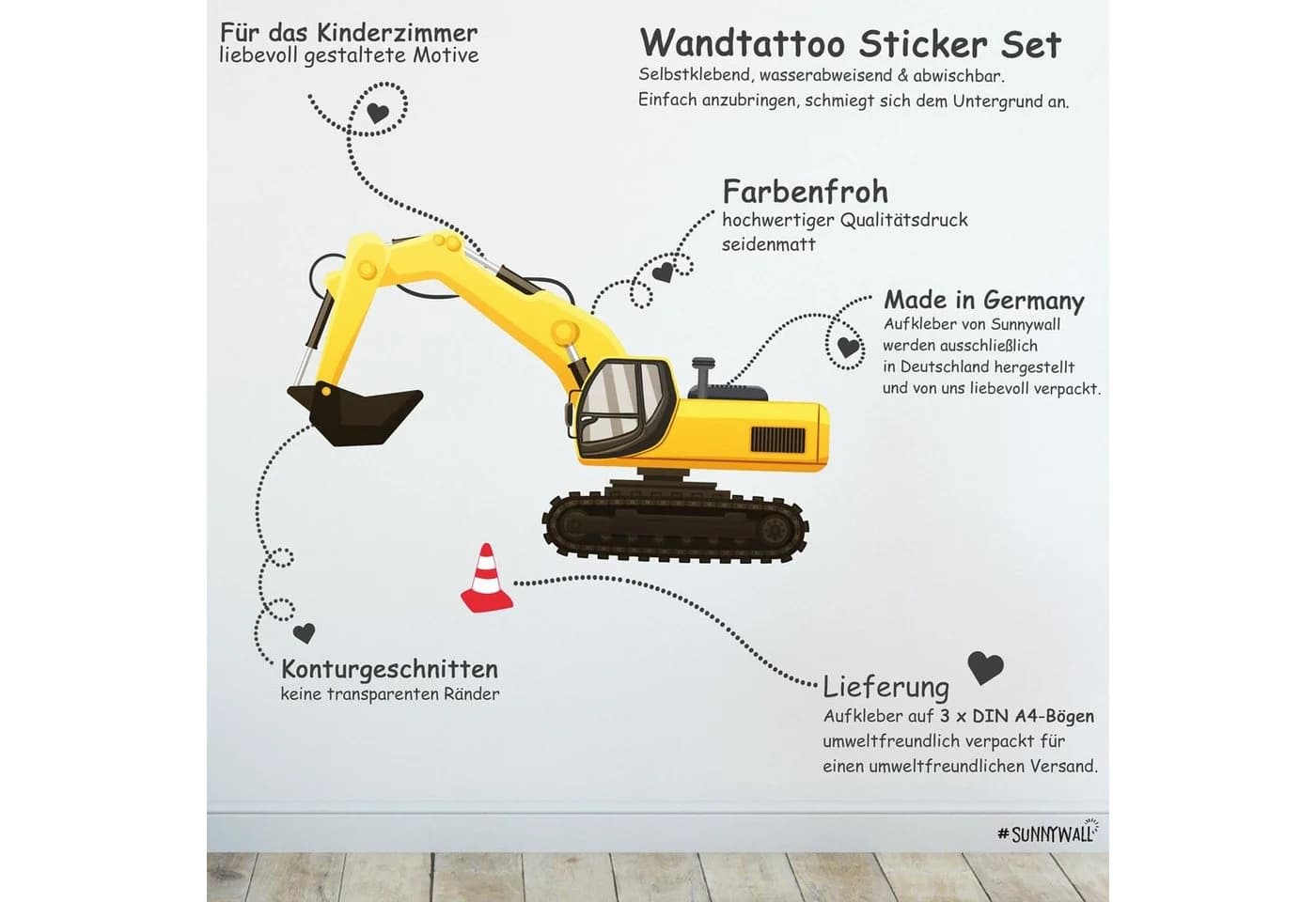 Sunnywall Wandtattoo Baufahrzeuge Bunt/Gelb Konturgeschnitten