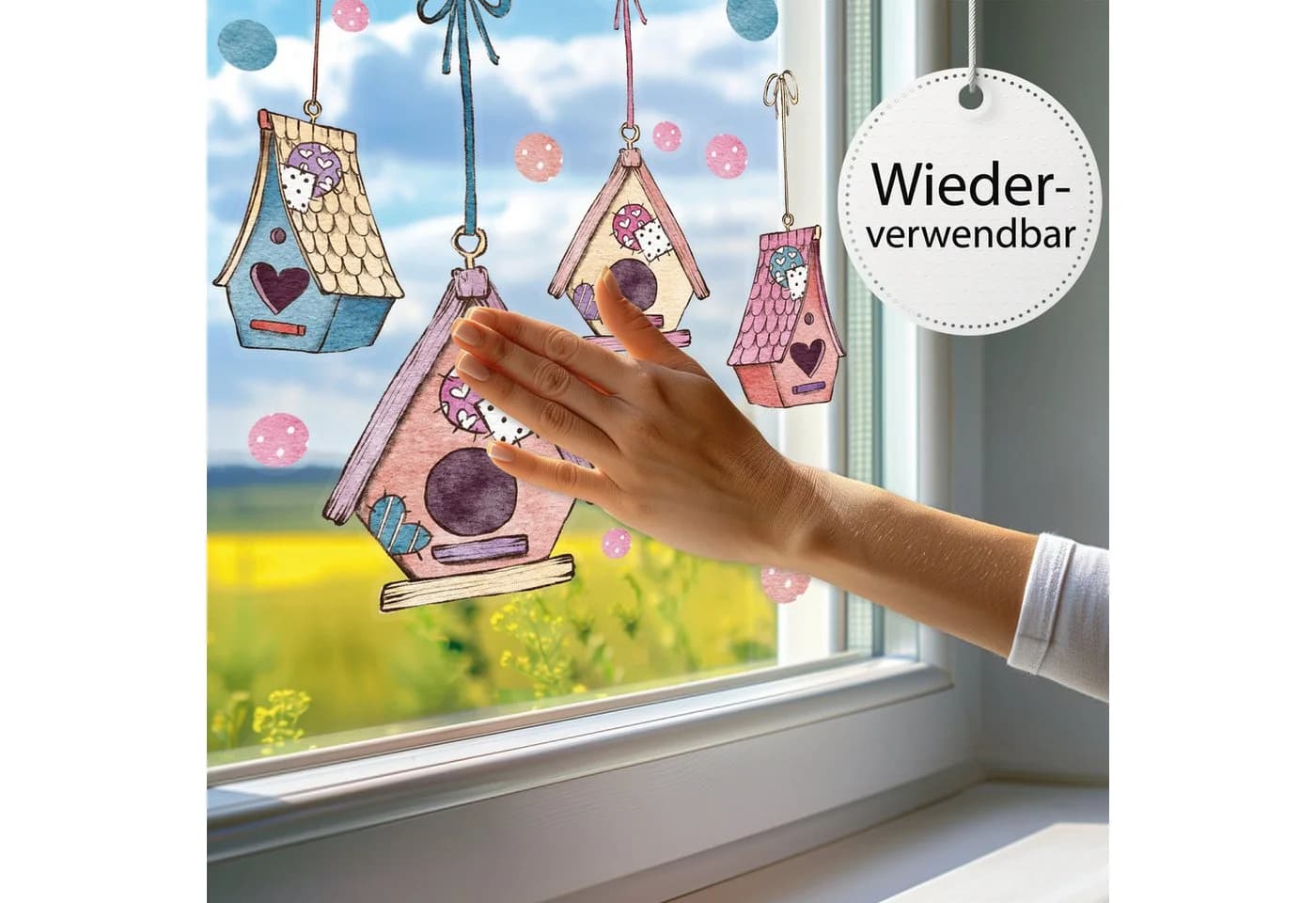 Sunnywall Fensterbild Vogelhaus Rosa Aquarell Wiederverwendbar - Bild 3