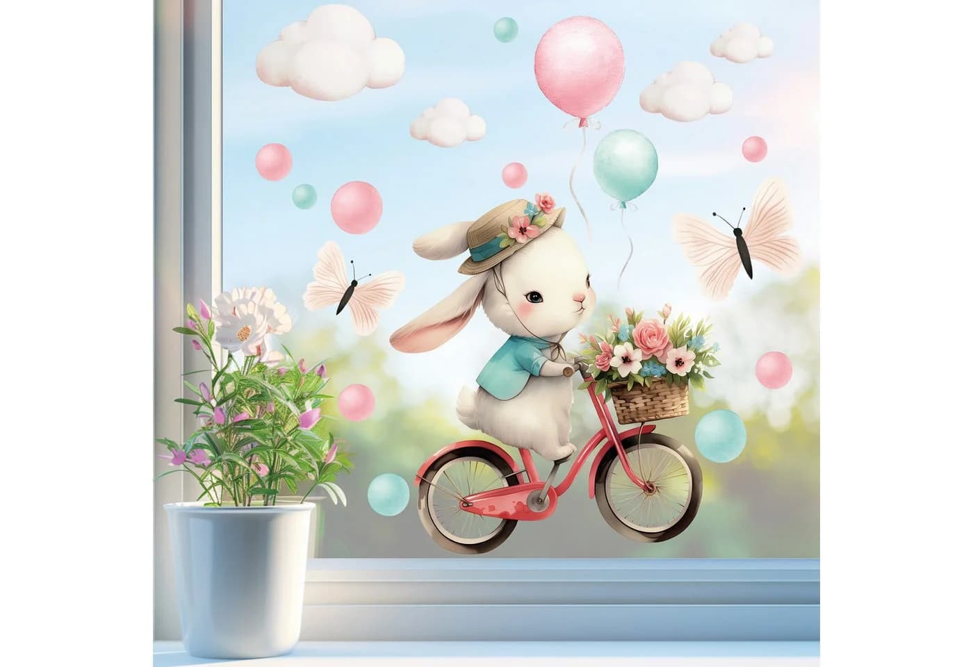 Sunnywall Fensterbild Hase auf Fahrrad Bunt Wiederverwendbar - Bild 2