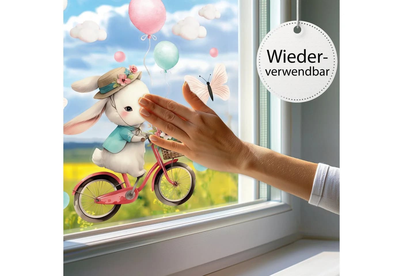 Sunnywall Fensterbild Hase auf Fahrrad Bunt Wiederverwendbar - Bild 3