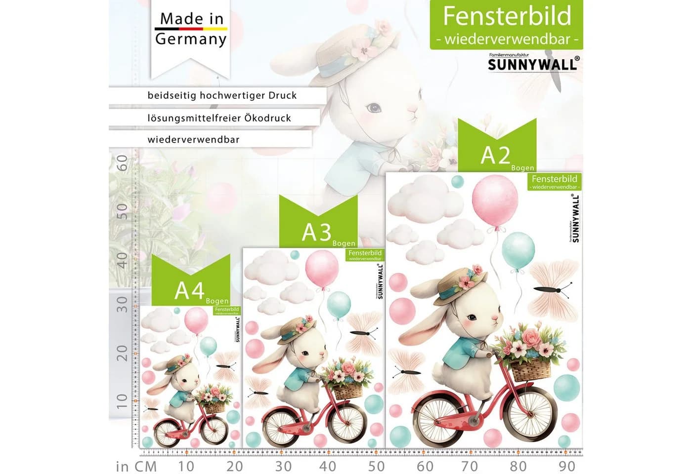 Sunnywall Fensterbild Hase auf Fahrrad Bunt Wiederverwendbar - Bild 4