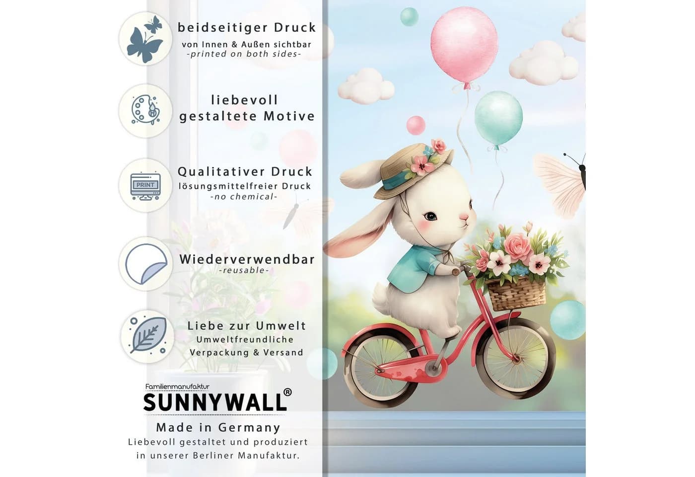 Sunnywall Fensterbild Hase auf Fahrrad Bunt Wiederverwendbar - Bild 5