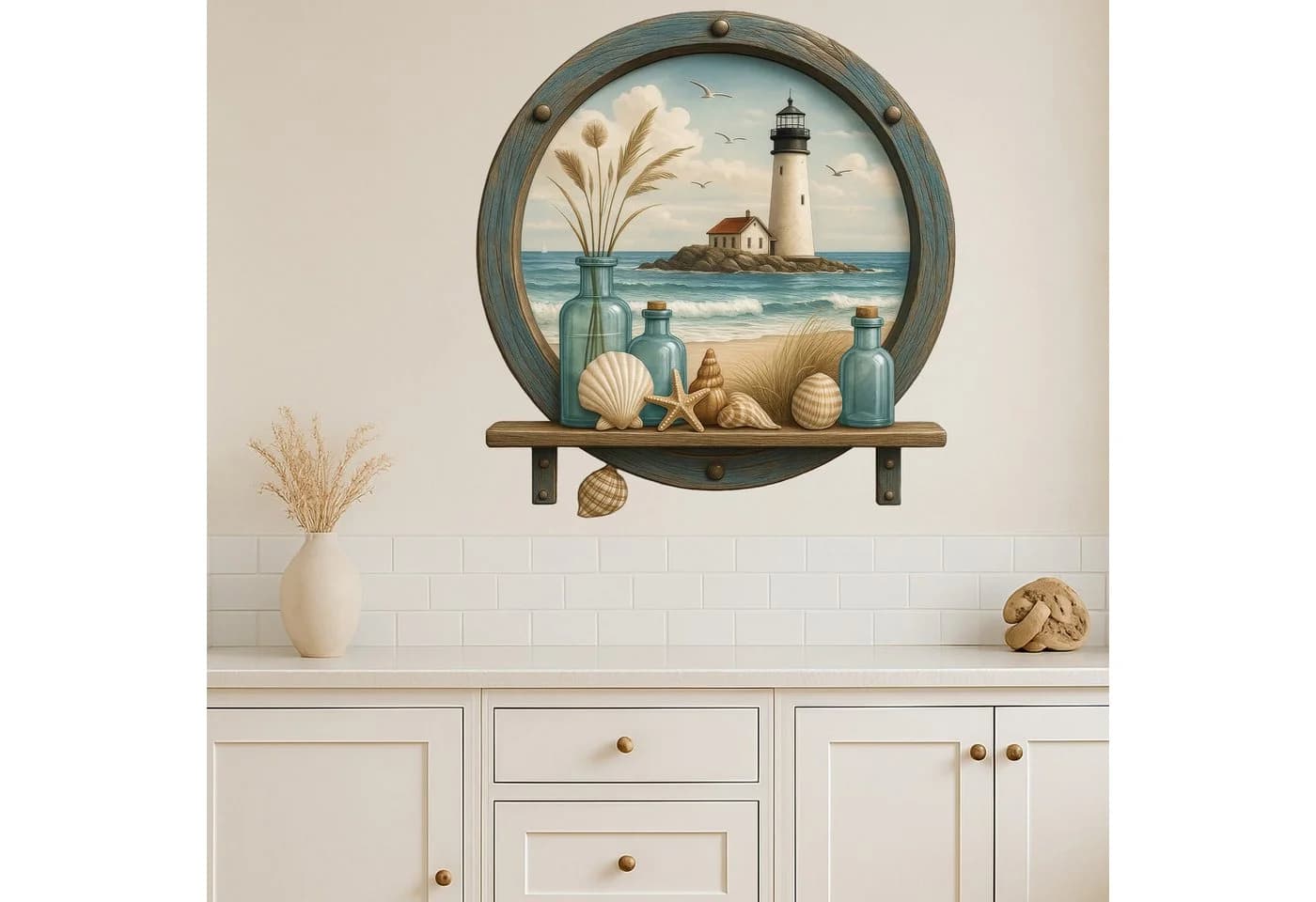 Sunnywall Wandtattoo Maritim Bullauge blau türkis mit Leuchtturm & Muscheldeko