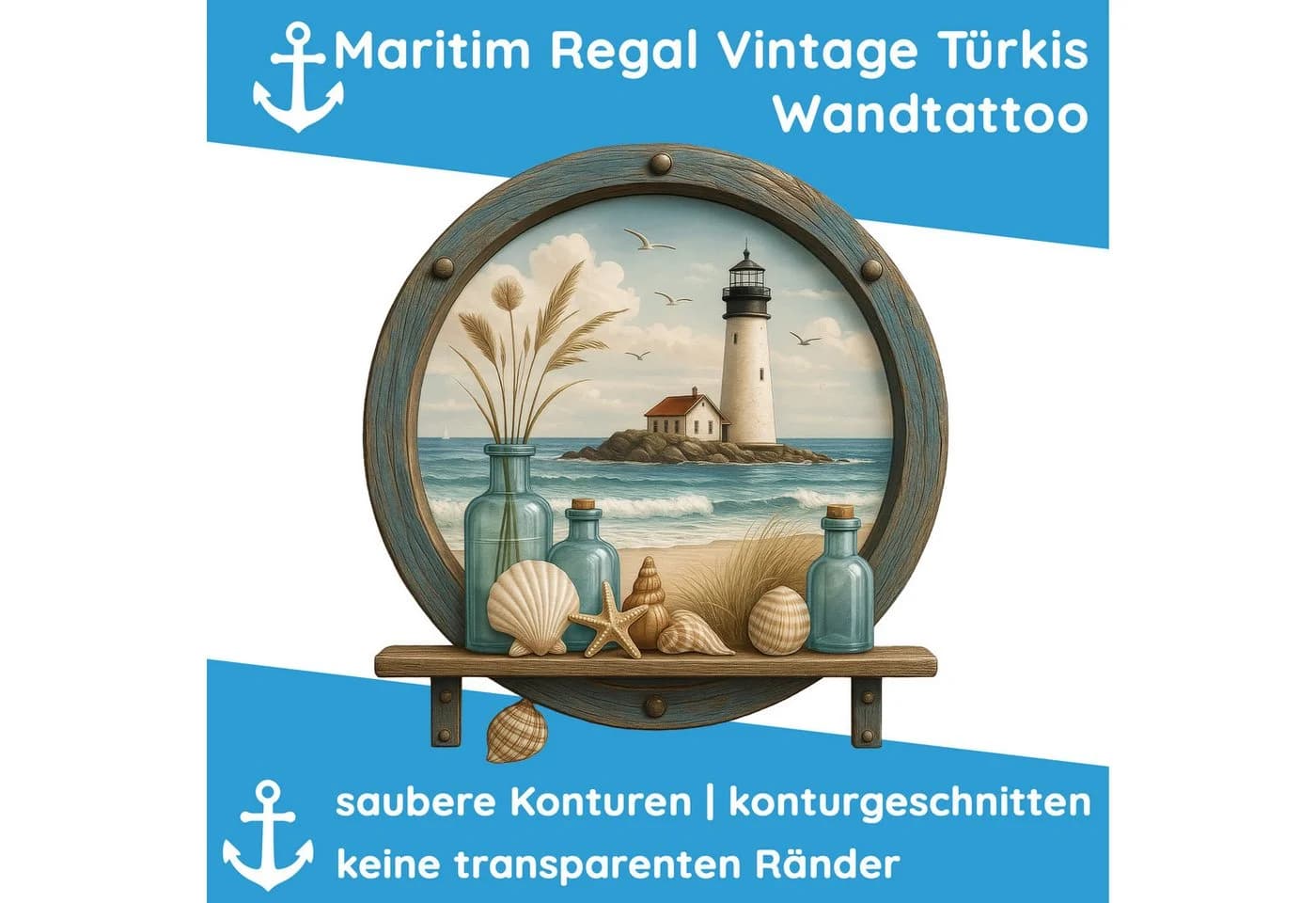 Sunnywall Wandtattoo Maritim Bullauge blau türkis mit Leuchtturm & Muscheldeko - Bild 3