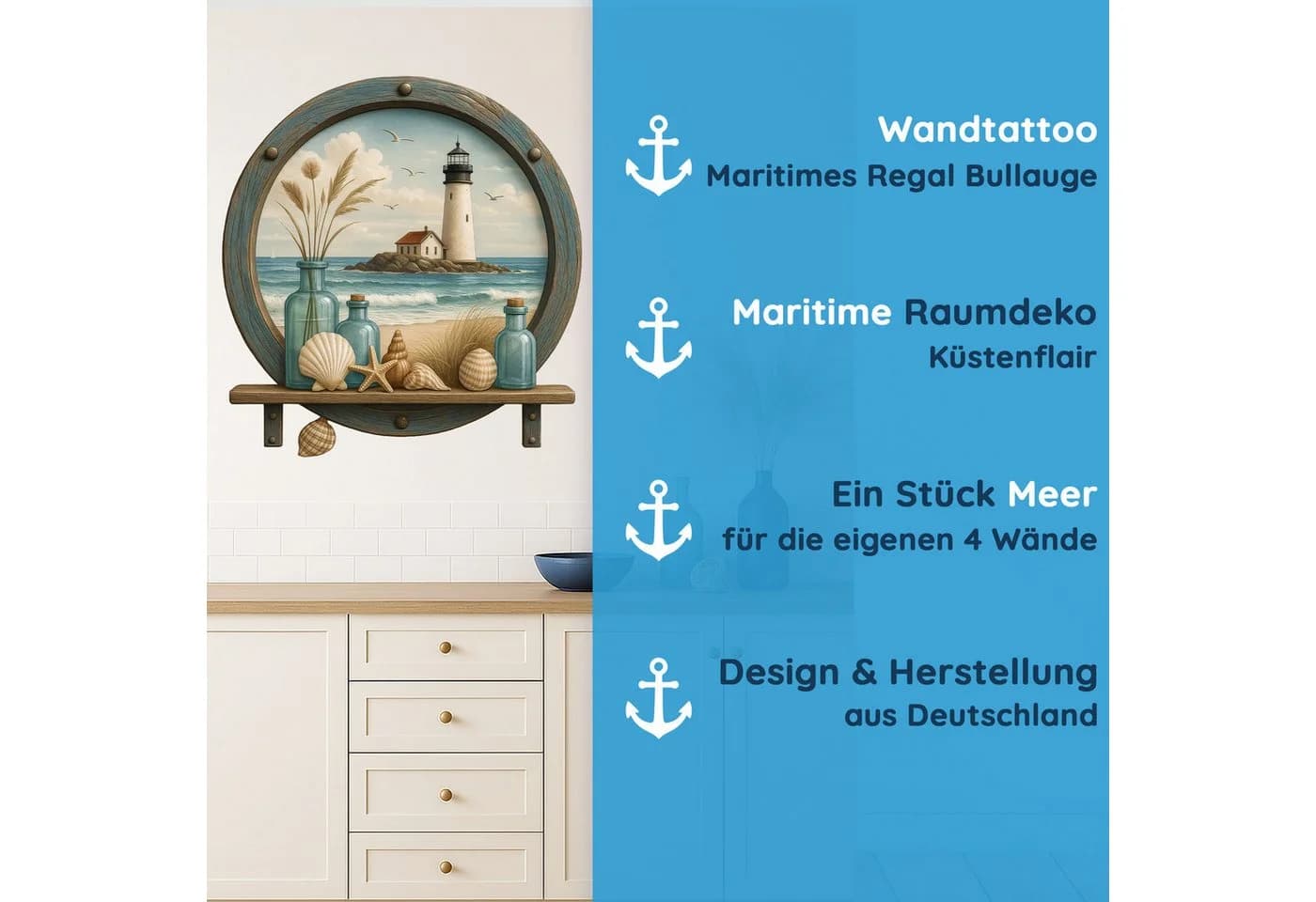 Sunnywall Wandtattoo Maritim Bullauge blau türkis mit Leuchtturm & Muscheldeko - Bild 4
