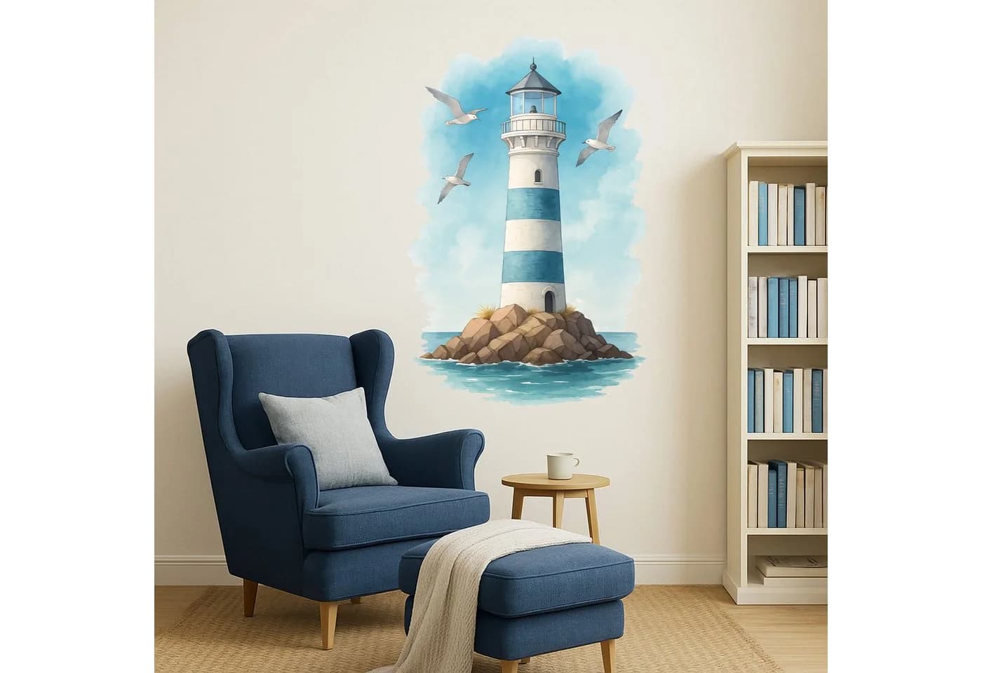 Sunnywall Wandtattoo Maritim Leuchtturm & Möwen Aquarell Blau-Weiß