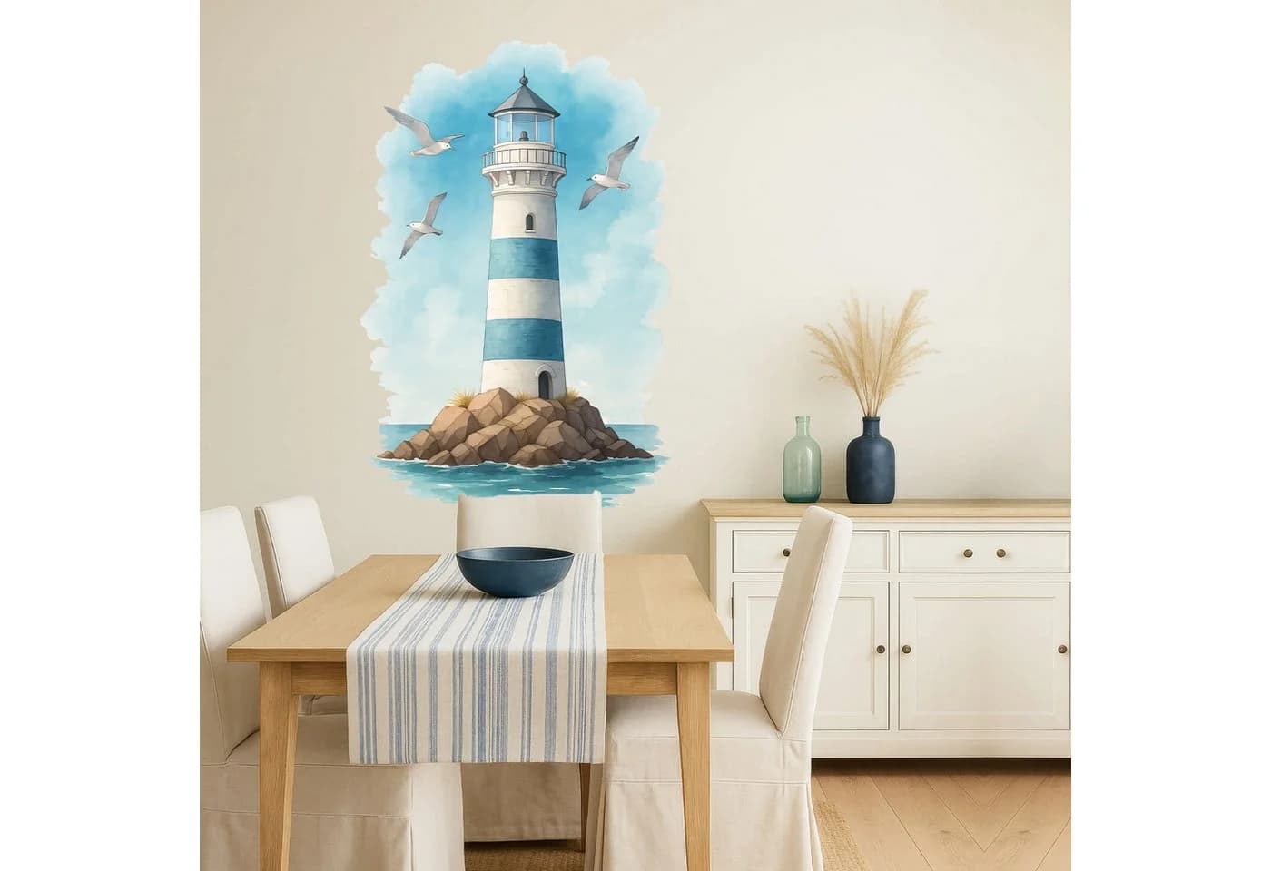 Sunnywall Wandtattoo Maritim Leuchtturm & Möwen Aquarell Blau-Weiß - Bild 2
