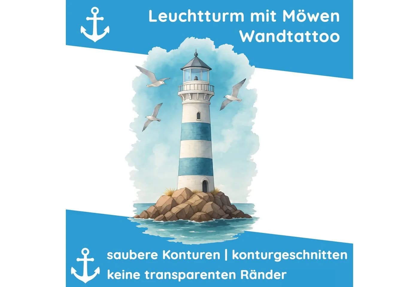Sunnywall Wandtattoo Maritim Leuchtturm & Möwen Aquarell Blau-Weiß - Bild 3