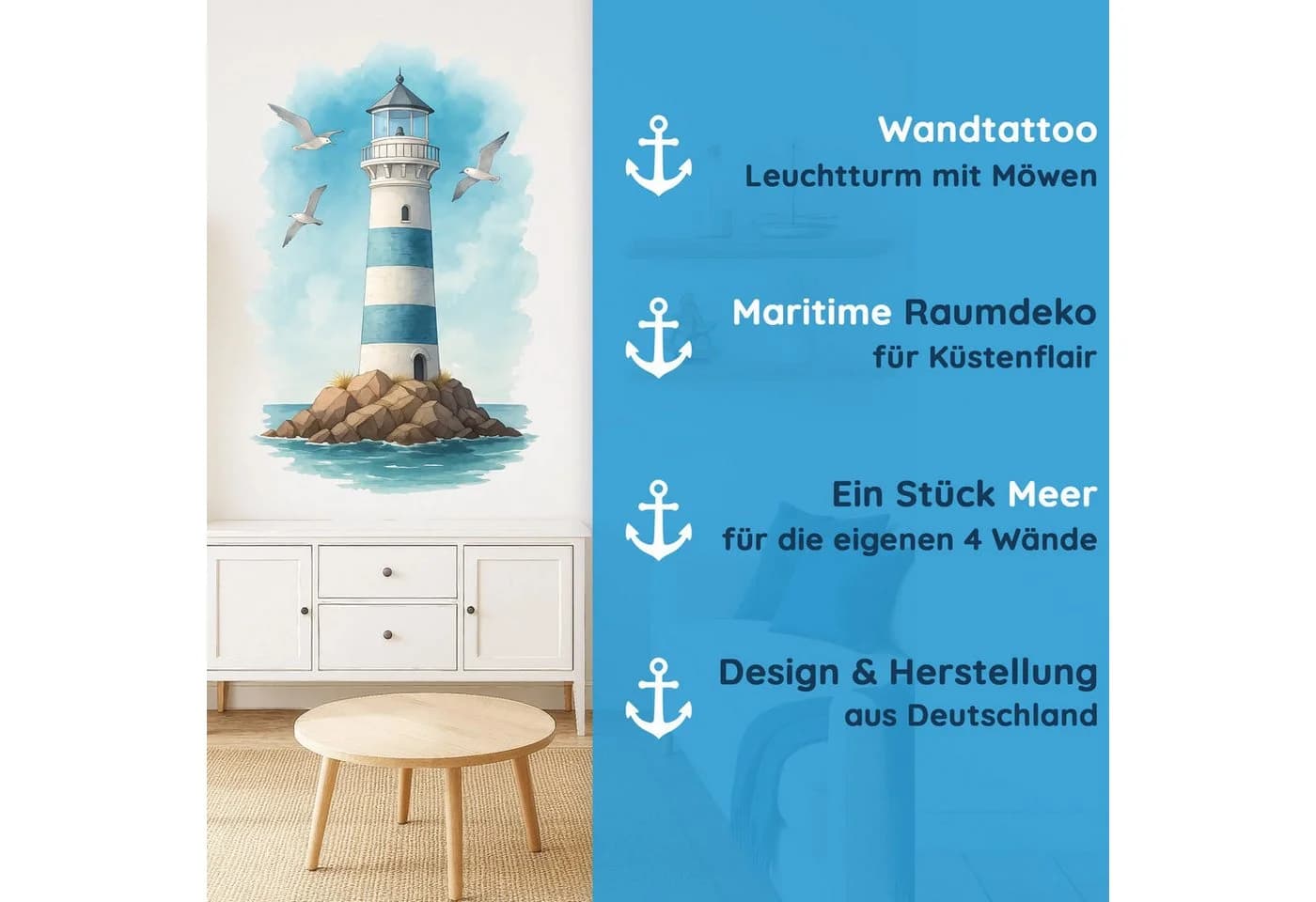 Sunnywall Wandtattoo Maritim Leuchtturm & Möwen Aquarell Blau-Weiß - Bild 4