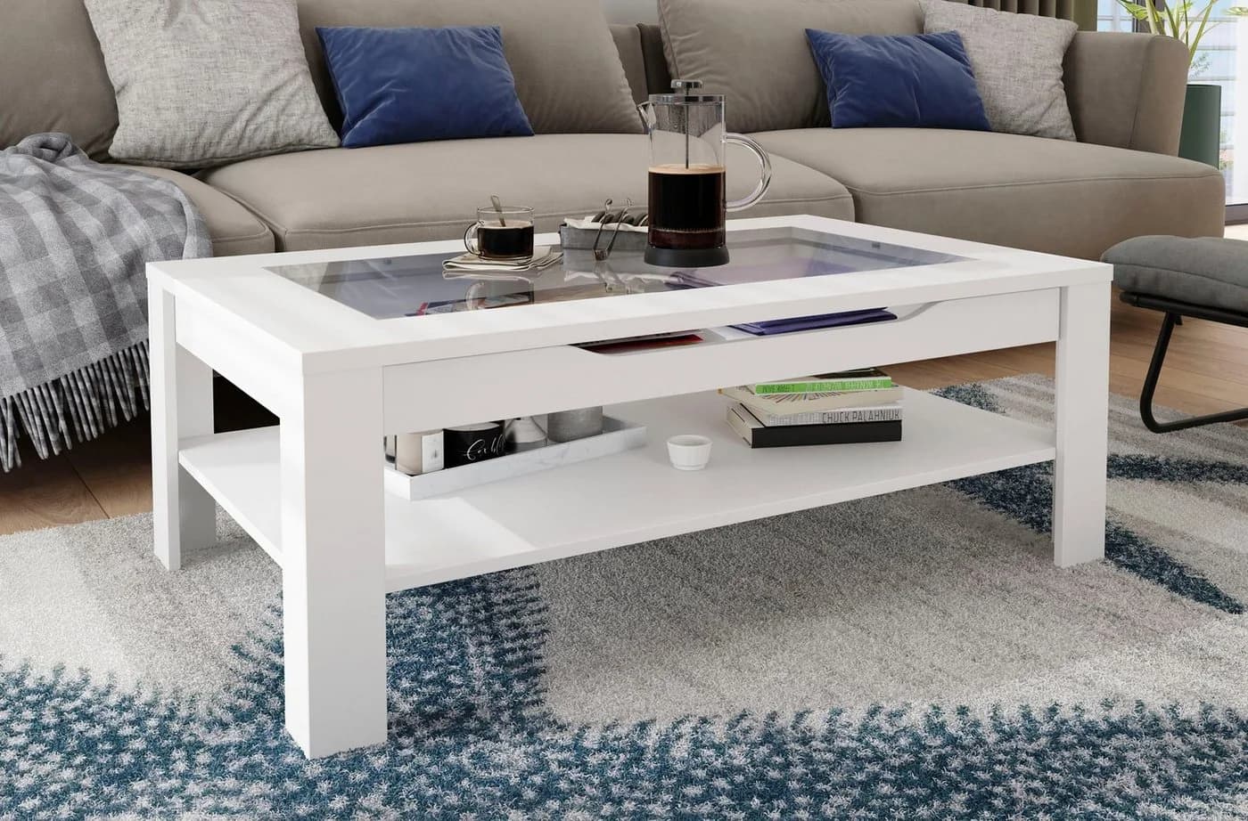 byLIVING Couchtisch Ralph Weiß mit Schubkasten und Glaseinsatz - Bild 3