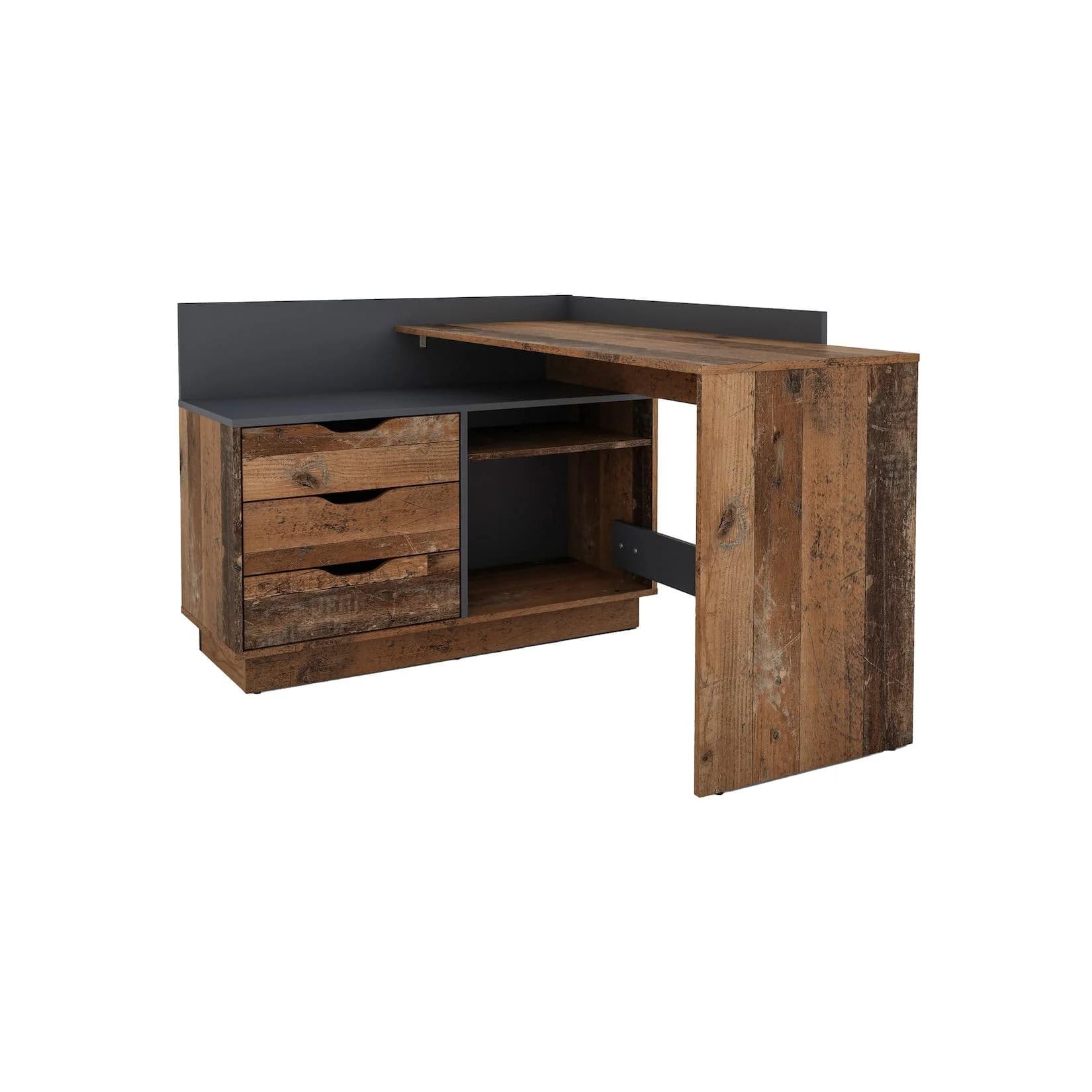 byLIVING Eckschreibtisch Bern Old Wood Anthrazit mit Stauraum