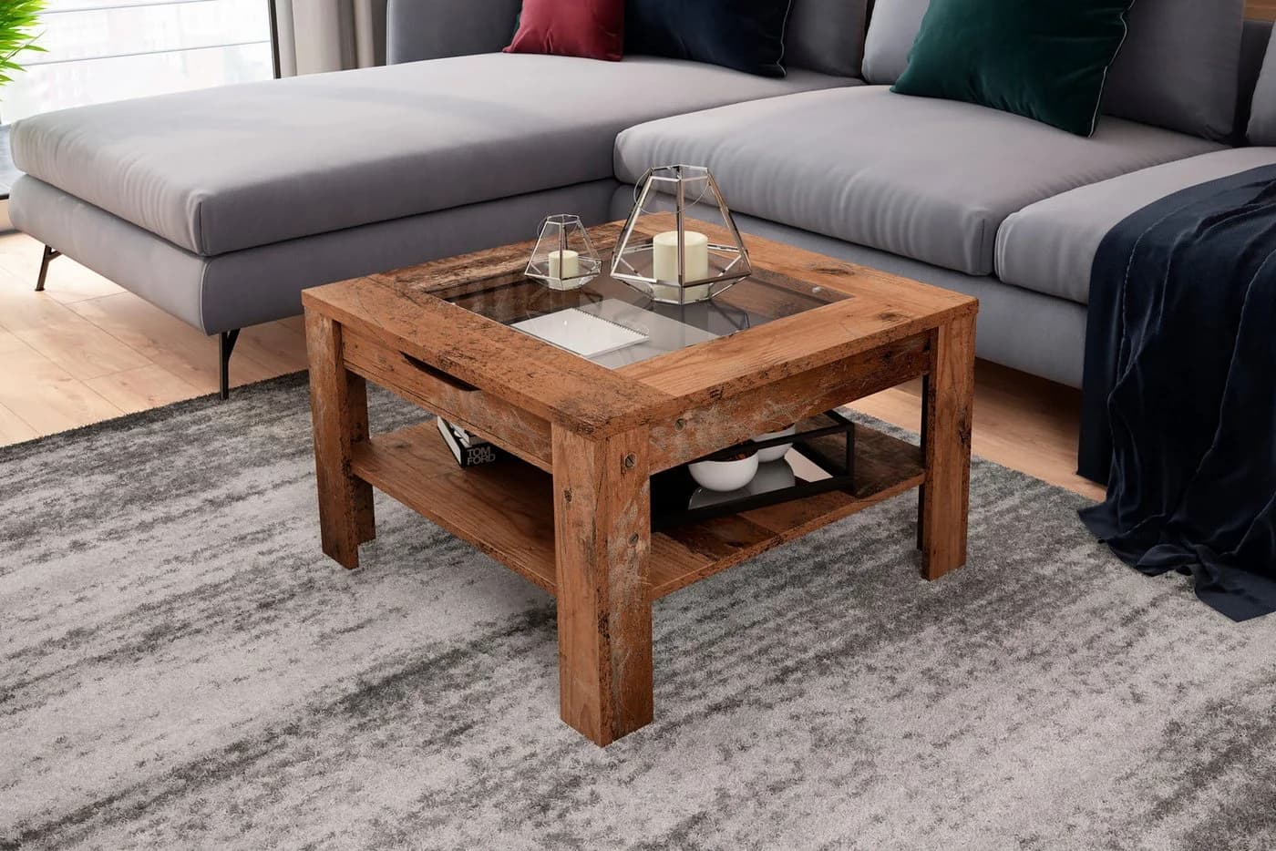 byLIVING Couchtisch RALPH mit Schubkasten und Glaseinsatz Old Wood/Anthrazit - Bild 3
