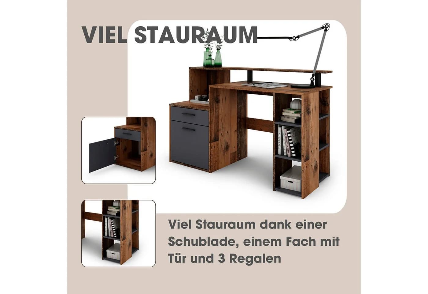 BYLIVING Schreibtisch Louise 140cm Old Style mit Stauraum - Bild 3