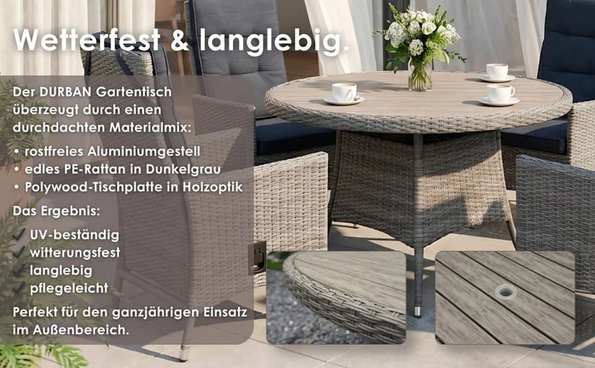 byLIVING Gartentisch DURBAN rund Polywood Polyrattan grau/natur - Bild 5