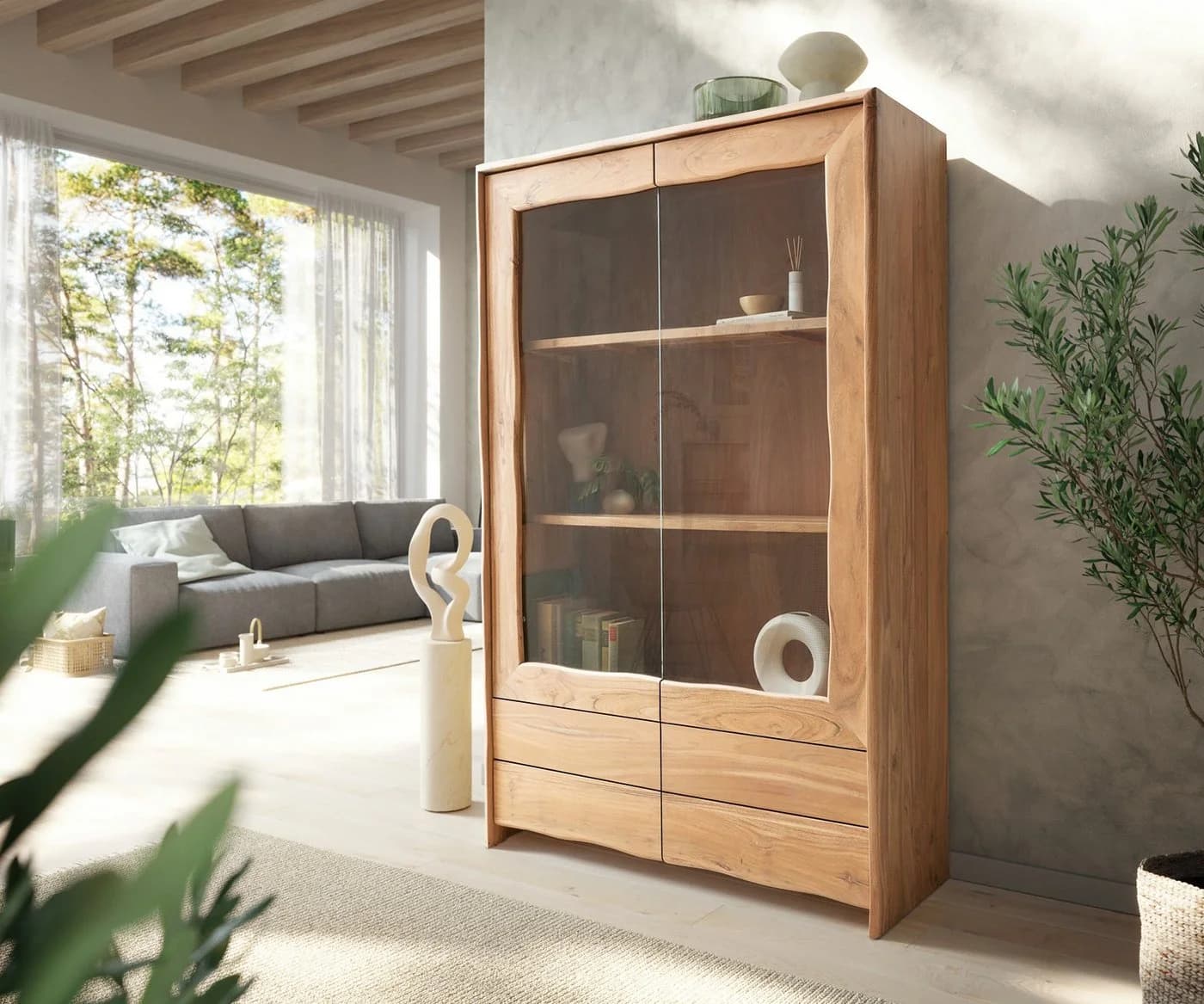 DELIFE Vitrine Live-Edge Akazie Massiv mit Schubladen