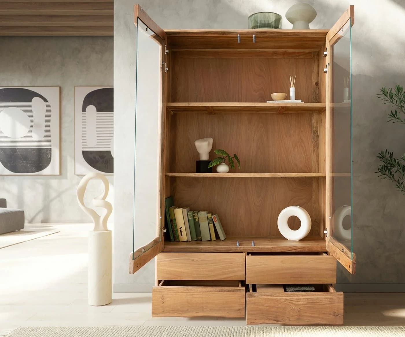 DELIFE Vitrine Live-Edge Akazie Massiv mit Schubladen - Bild 5