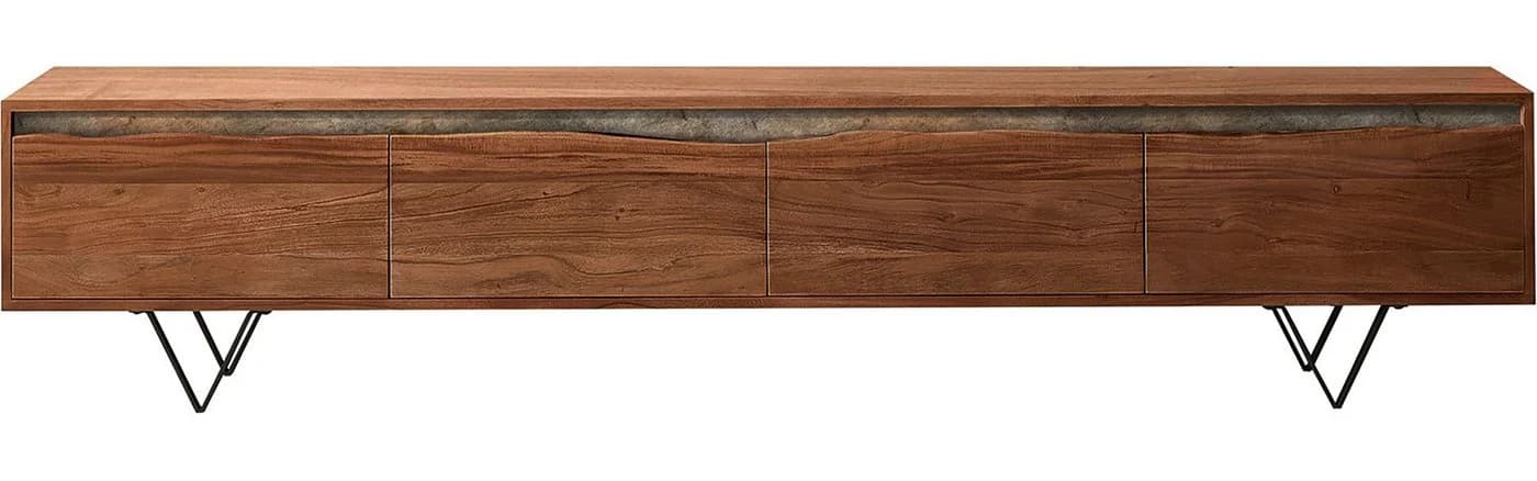DELIFE Lowboard Stonegrace Akazie Braun Baumkante 4 Türen V-Fuß Schwarz