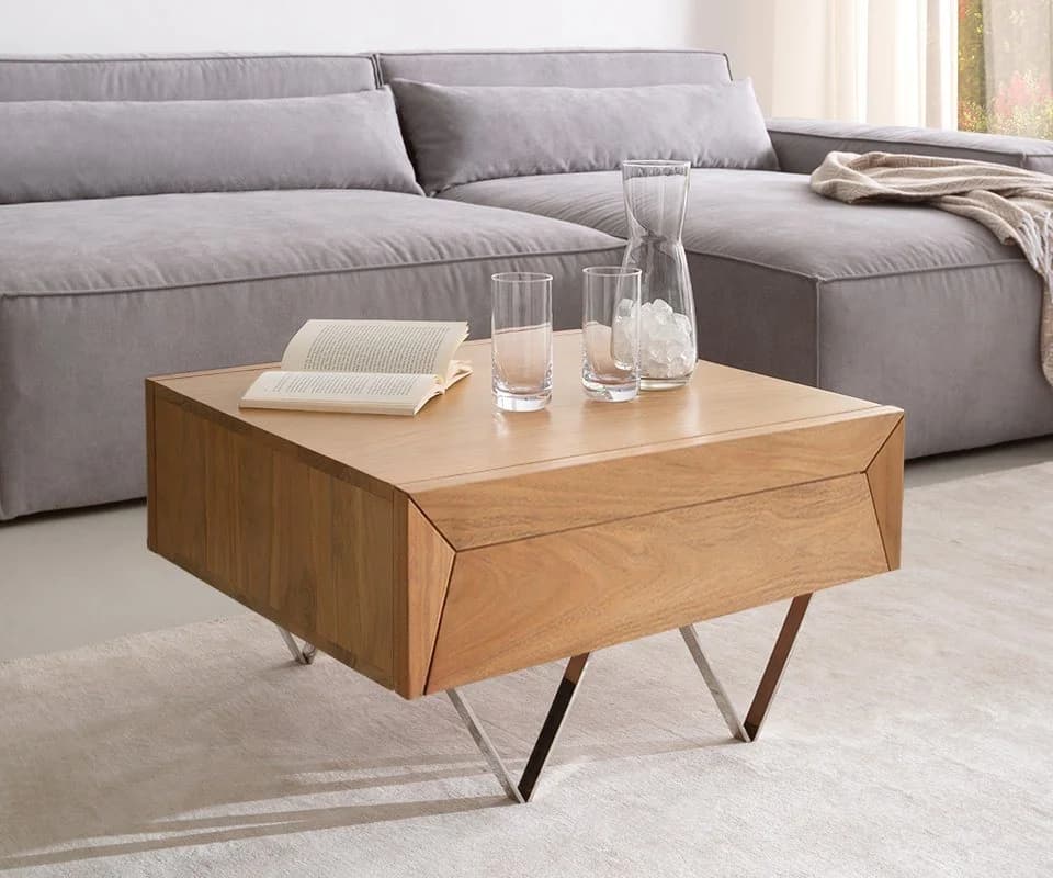 DELIFE Couchtisch Kayu Akazie Natur 2 Schübe V-Fuß Edelstahl - Bild 2