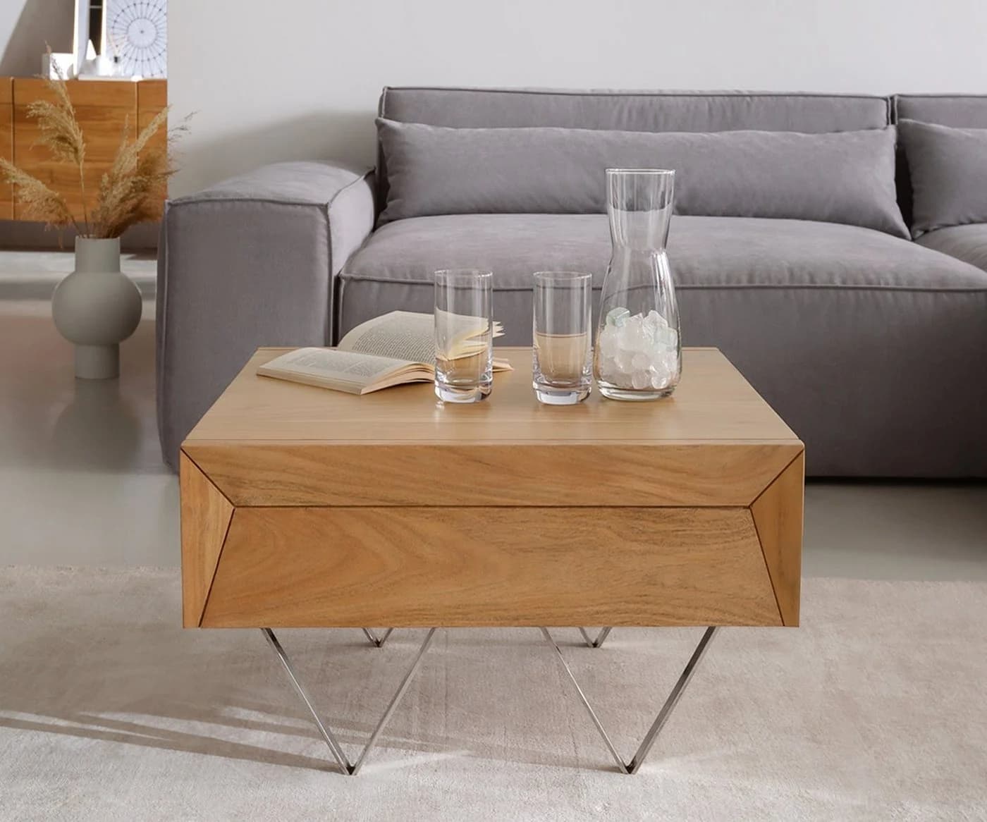 DELIFE Couchtisch Kayu Akazie Natur 2 Schübe V-Fuß Edelstahl - Bild 3