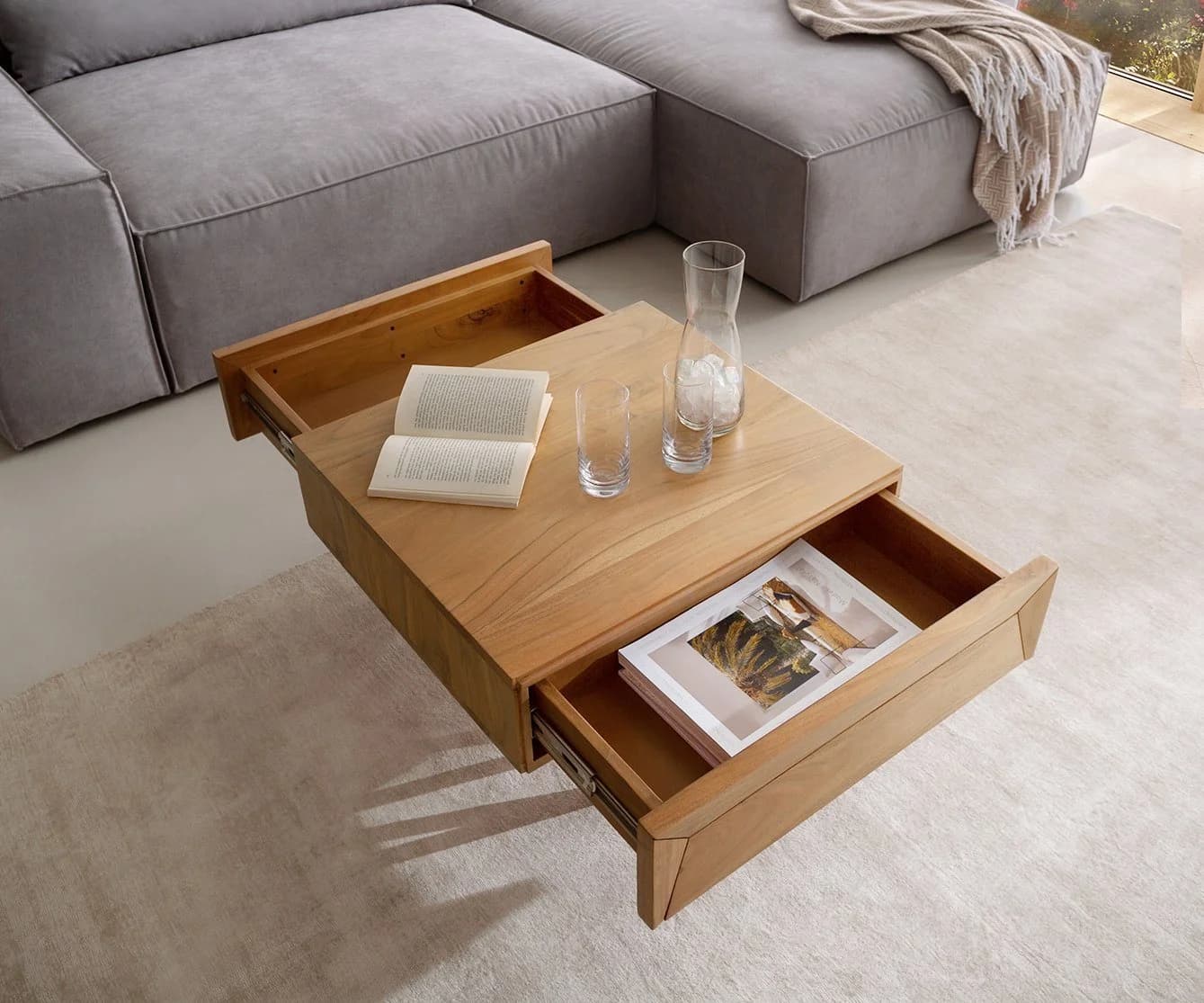 DELIFE Couchtisch Kayu Akazie Natur 2 Schübe V-Fuß Edelstahl - Bild 5