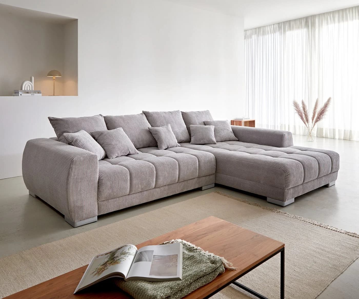 DELIFE Ecksofa Josea Cord Silbergrau mit Ottomane rechts - Bild 2