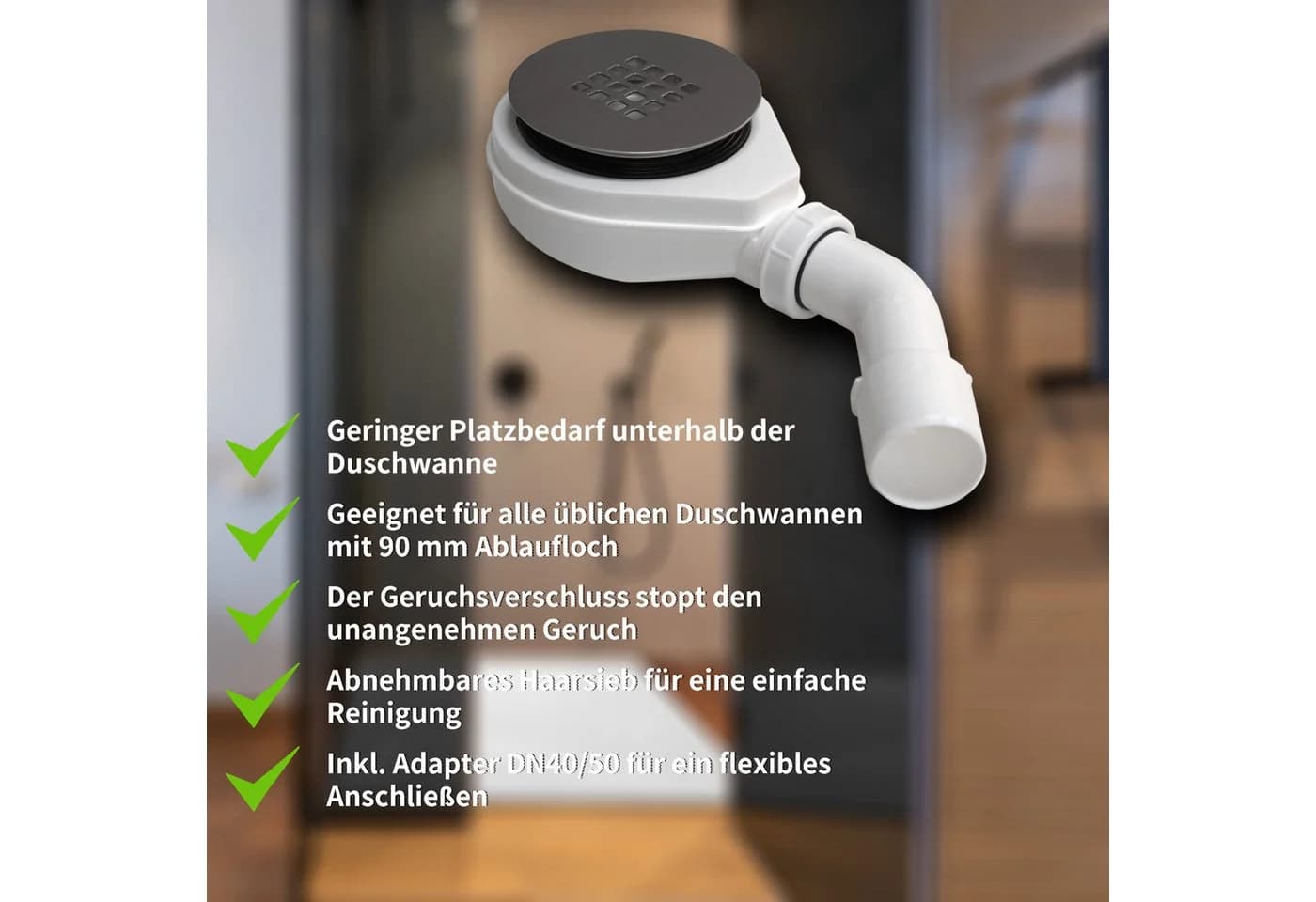 WITEN&NOCK Duschablauf Ablaufgarnitur SET Siphon 90mm mit Geruchsverschluss & Haarsieb - Bild 2