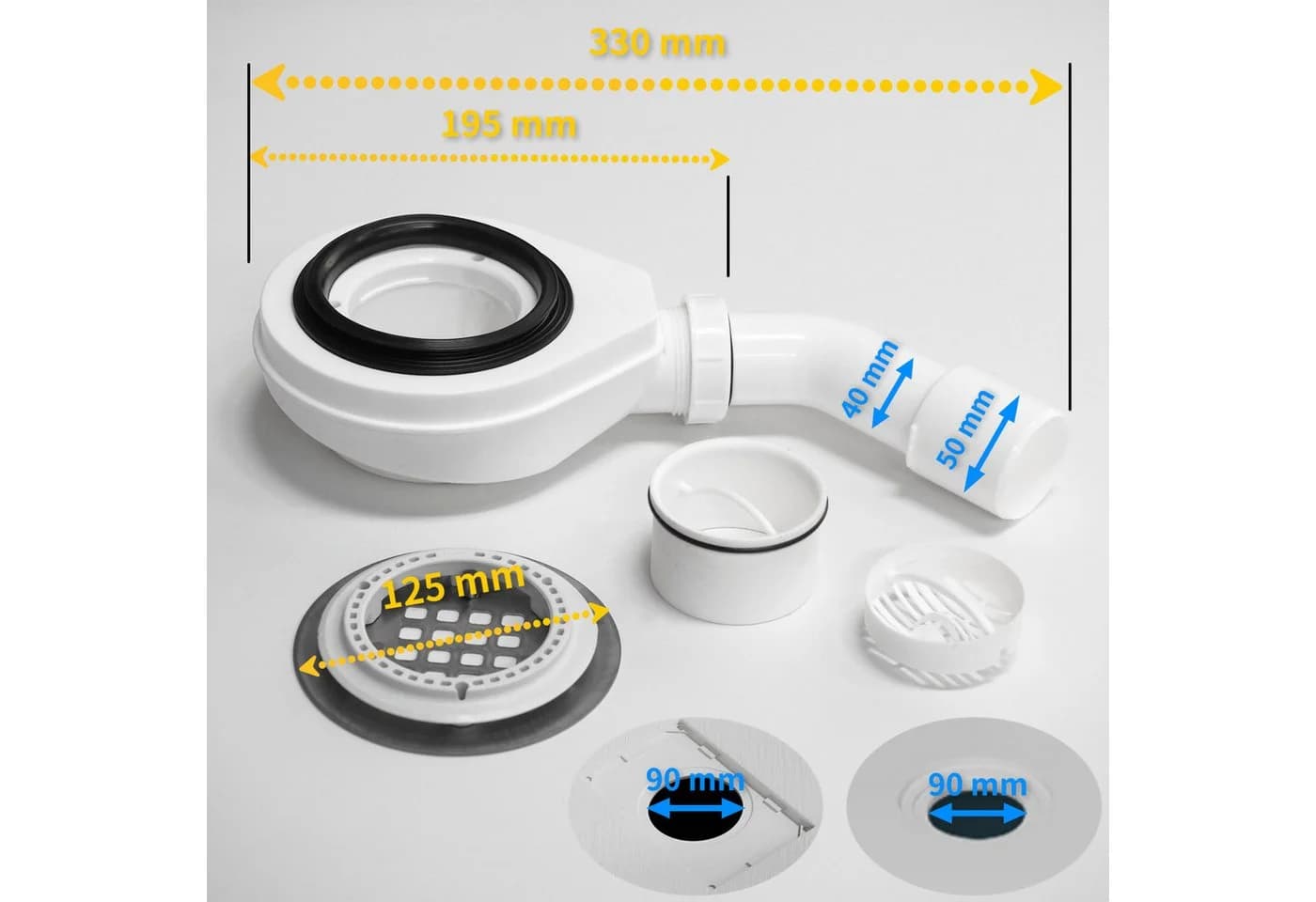 WITEN&NOCK Duschablauf Ablaufgarnitur SET Siphon 90mm mit Geruchsverschluss & Haarsieb - Bild 4