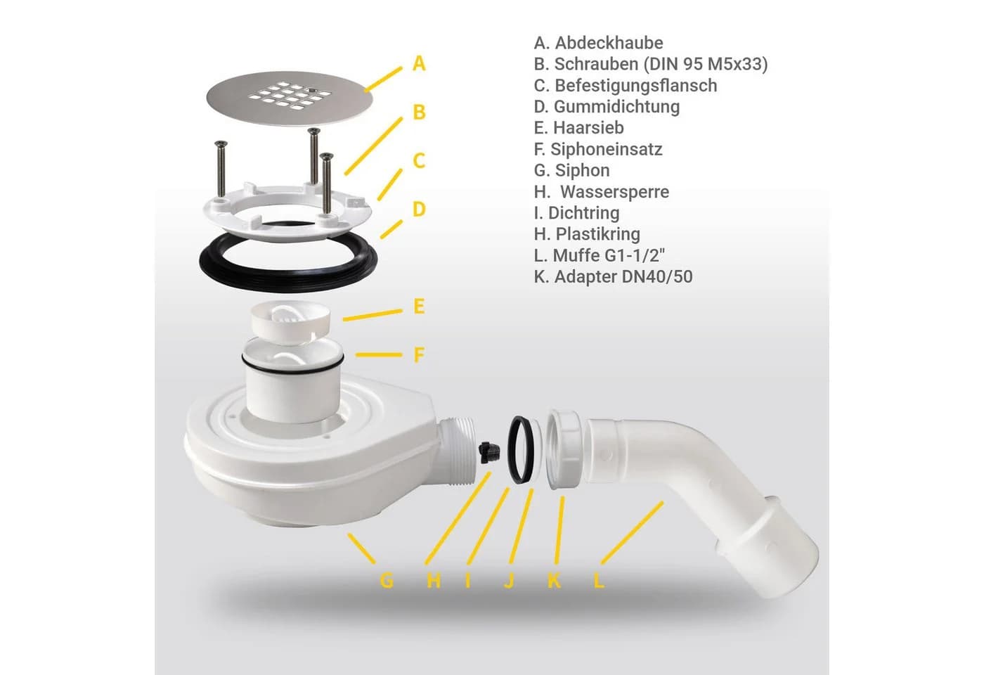 WITEN&NOCK Duschablauf Ablaufgarnitur SET Siphon 90mm mit Geruchsverschluss & Haarsieb - Bild 5