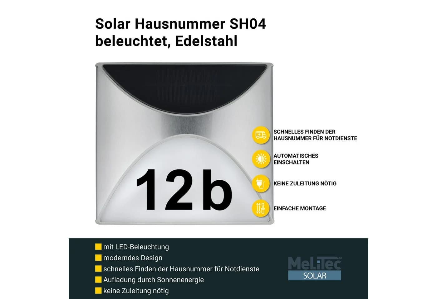 MeLiTec LED Außen-Wandleuchte Solar Hausnummer SH04