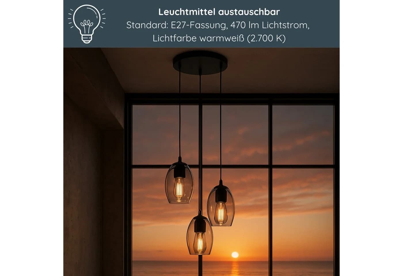 MeLiTec LED Pendelleuchte DP29 3-flammig Rauchglas Warmweiß - Bild 4