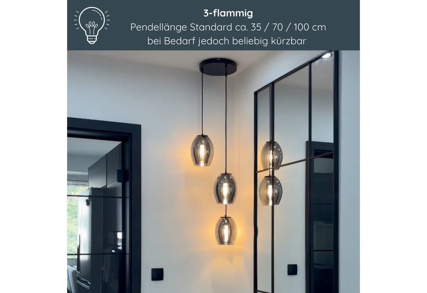 MeLiTec LED Pendelleuchte DP29 3-flammig Rauchglas Warmweiß - Bild 5