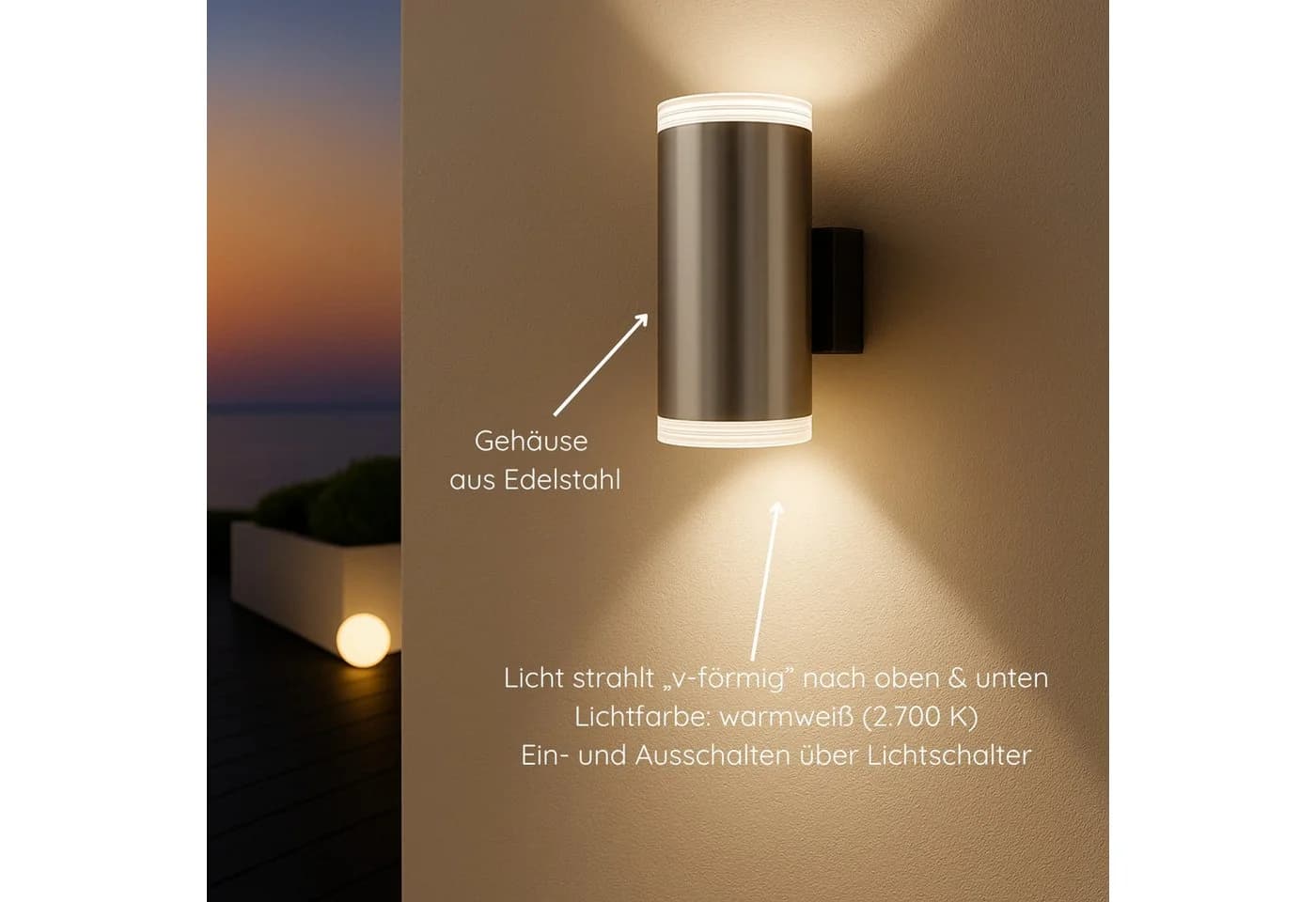 MeLiTec LED Wandleuchte 145-1 Edelstahl Schwarz Matt/Silber IP44 - Bild 4