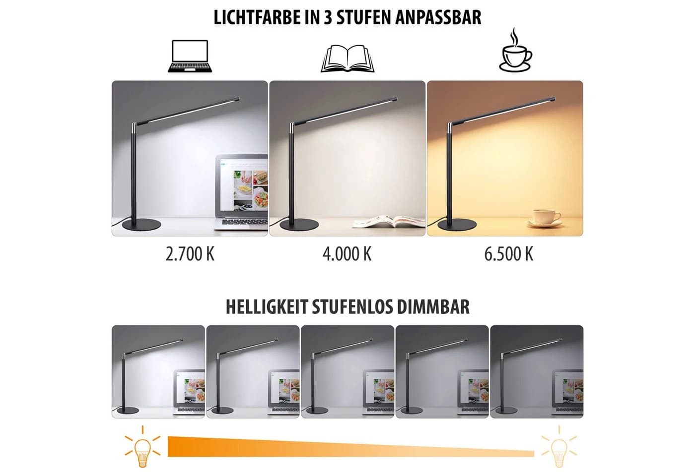 MeLiTec LED Schreibtischlampe T186-2 Schwarz Dimmbar Schwenkbar - Bild 3