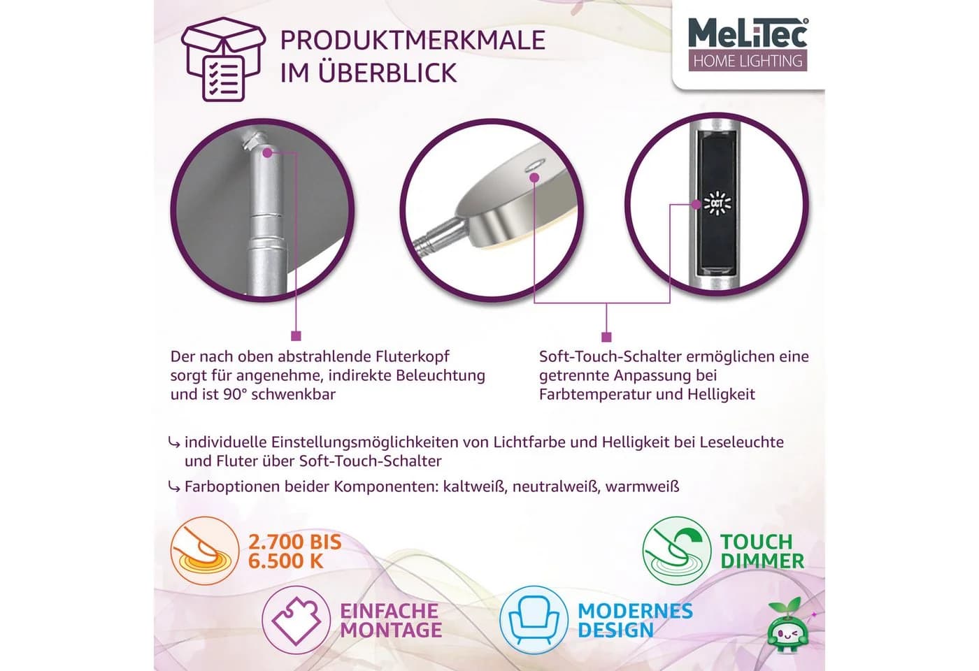 MeLiTec LED Stehlampe ST58 mit Leseleuchte und dimmbarem Licht - Bild 4