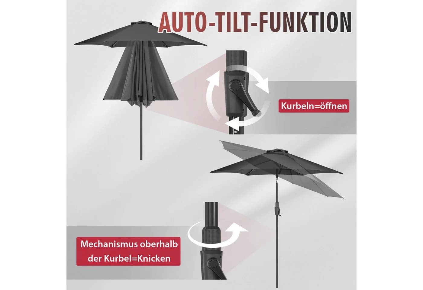 Sekey Sonnenschirm 220 cm Grau mit Kurbel und Auto-Kippfunktion - Bild 3