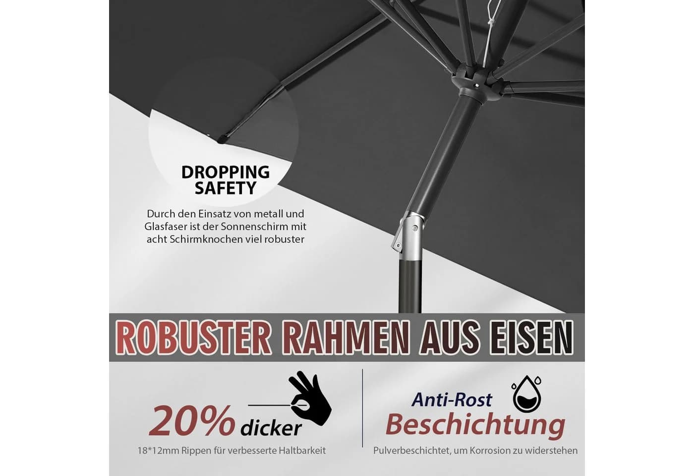 Sekey Sonnenschirm 220 cm Grau mit Kurbel und Auto-Kippfunktion - Bild 5