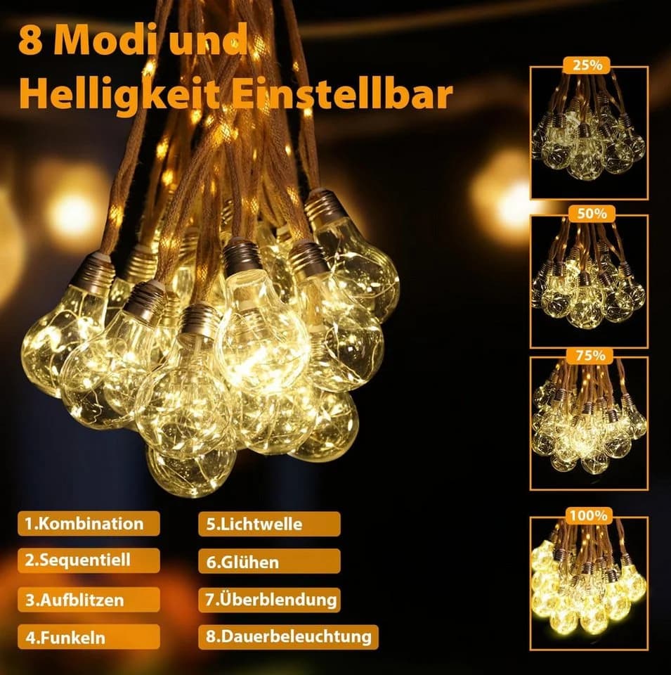 Salcar LED Solarleuchte Lichterkette Outdoor Vintage Hanfseil Warmweiß