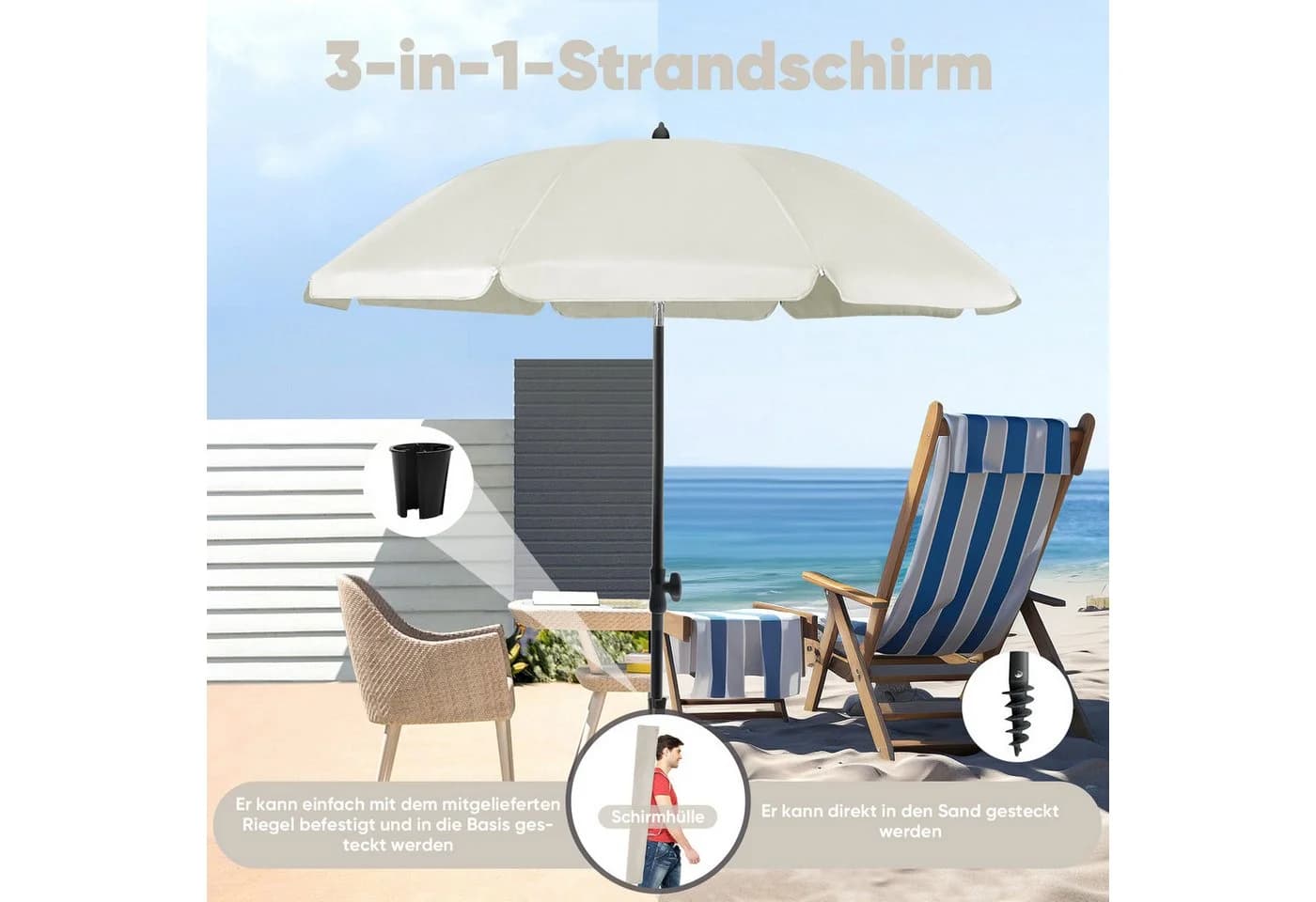 Sekey Sonnenschirm Ø180 cm Weiß mit UV-Schutz 50+ und Neigefunktion - Bild 5